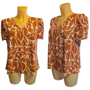 🌹3/15🌹MISS FASHION Orange And White Floral Leaf Pattern Blouse